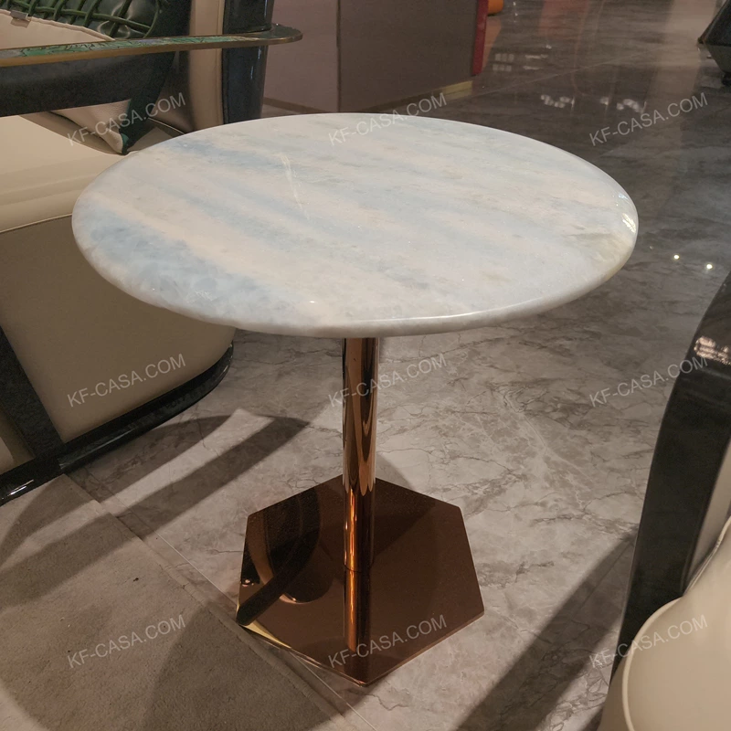 Round Light Stone-Top Sofa Side Table with Rose Gold Pedestal and Hexagonal Metal Base